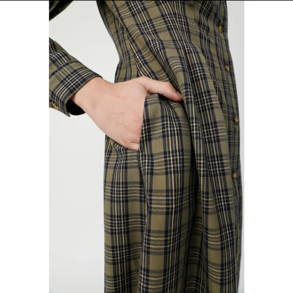 Moussy Waist Tuck Green Plaid Midi Shirt Dress Pleated with Pockets 1 or Small - Picture 9 of 17